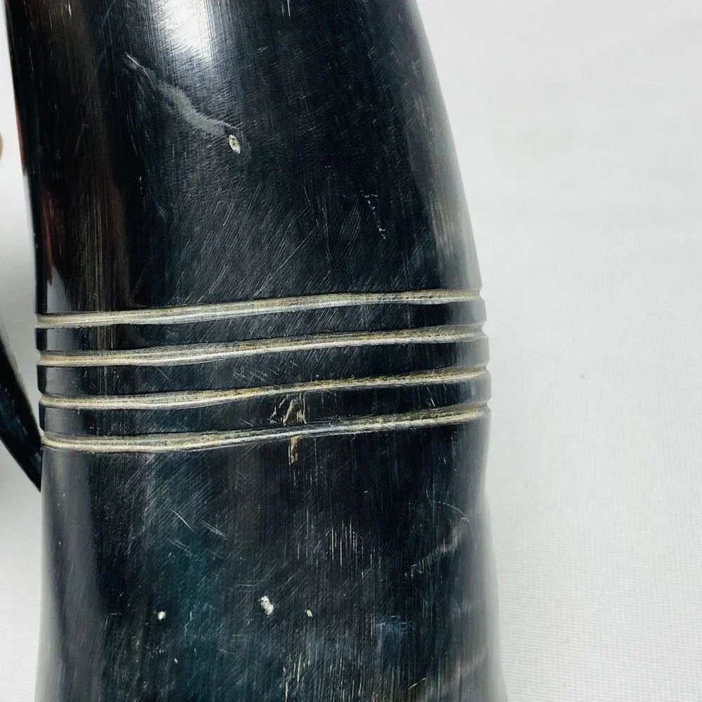 Vintage Black Horn Tankard Beer Drinking Mug With Handle & Wooden Base